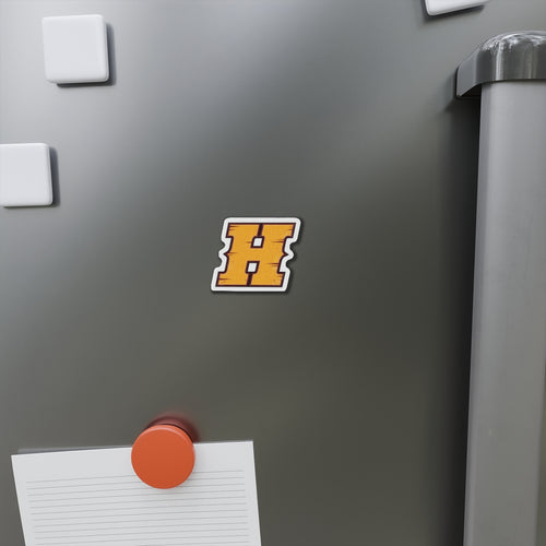 Die-Cut Magnet — Retro Yellow Block “H” Letter Sticker for Fridge, Locker, Laptop
