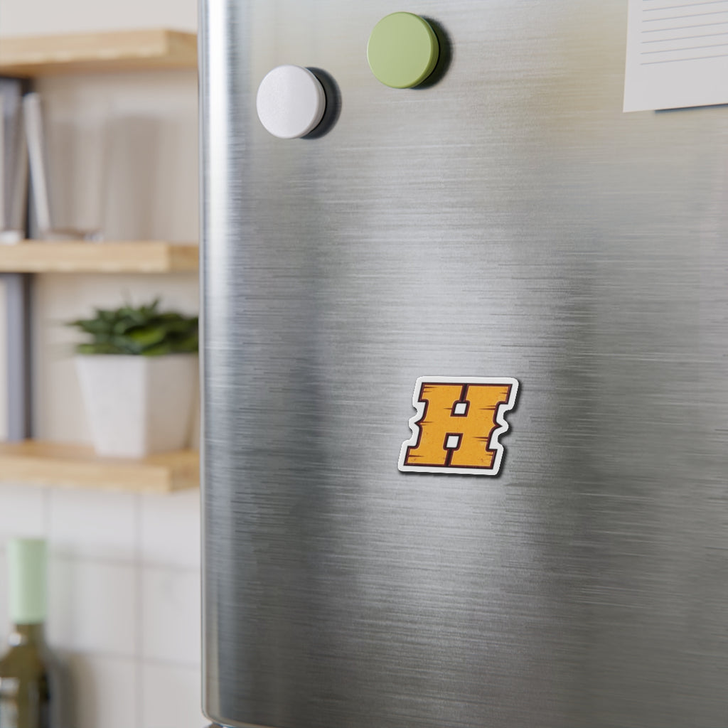 Die-Cut Magnet — Retro Yellow Block “H” Letter Sticker for Fridge, Locker, Laptop